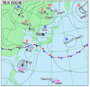 アジア太平洋 実況天気図 台風7号メーカラーと台風8号ヒーゴス周辺の気圧配置